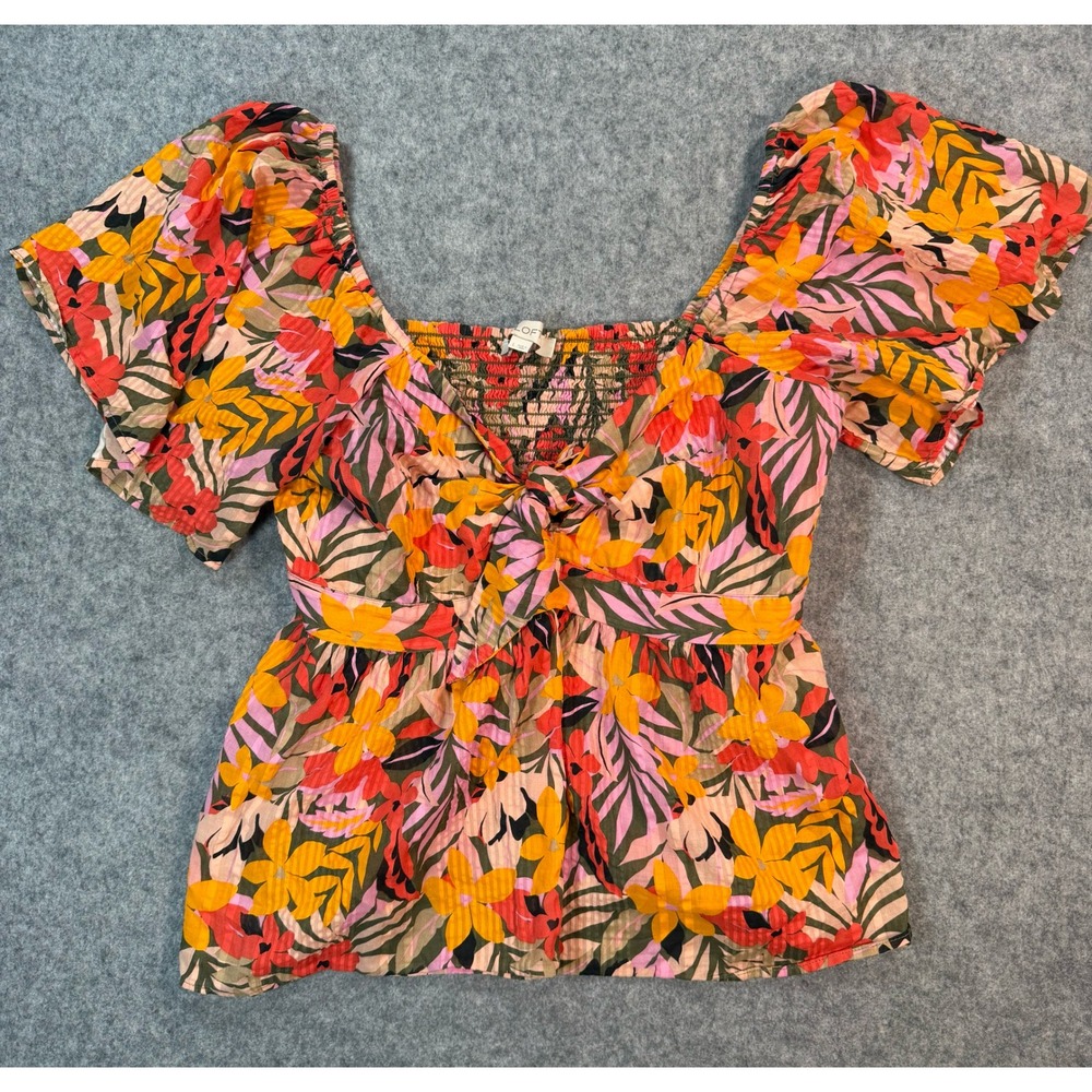 LOFT Tropical‎ Floral Tie Front Smocked Back Flutter Sleeve Peplum Top Large